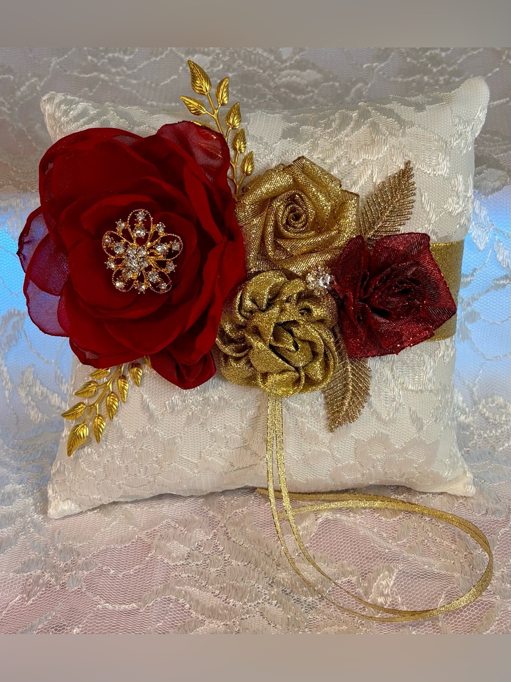 ♥️ Handmade Red and Gold Ring Pillow